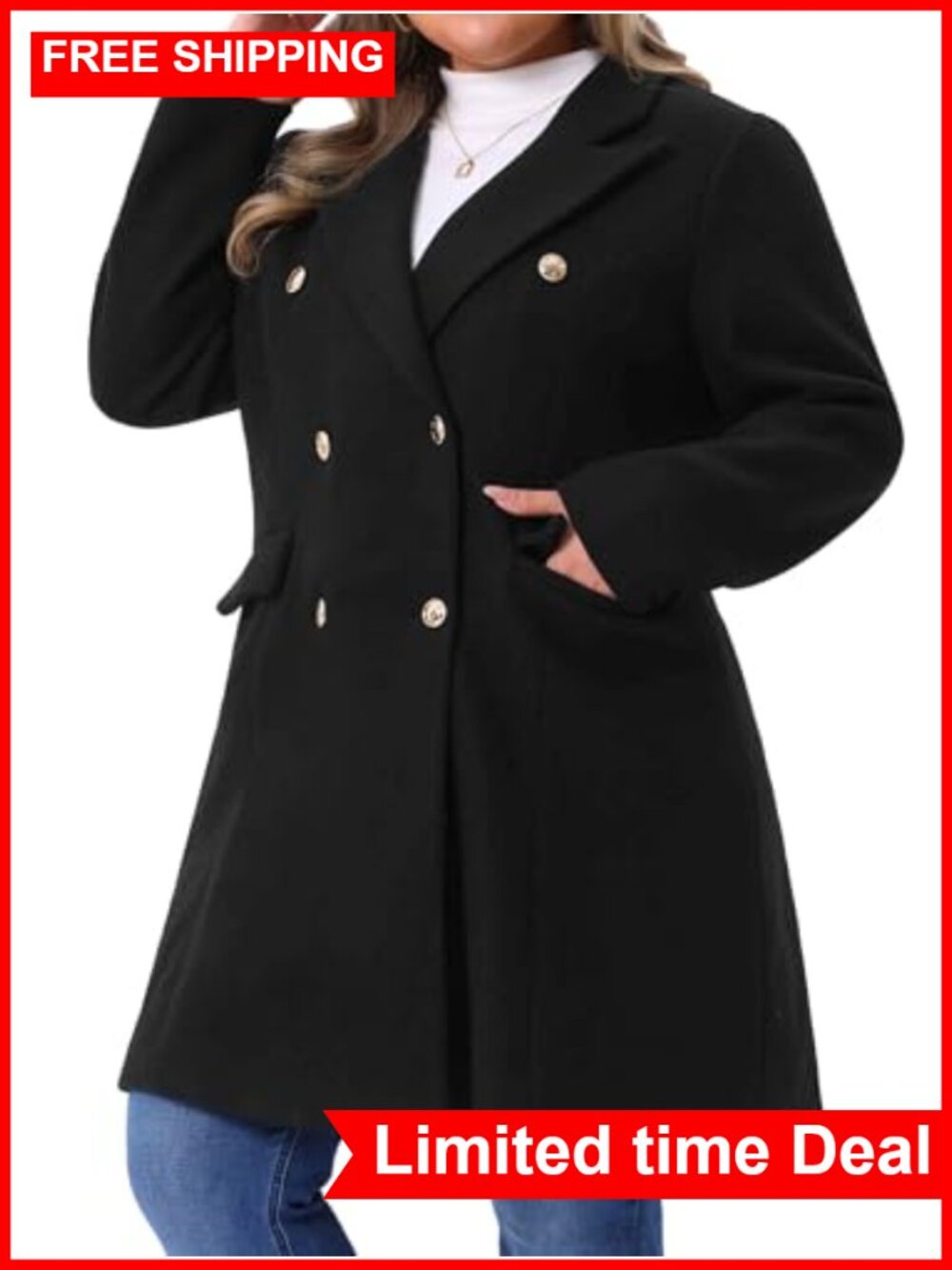 Plus Size Double Breasted Pea Coat Long Trench Jacket Midi